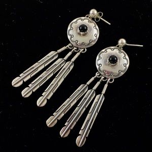 Native American Concho Feather Silver Earrings
